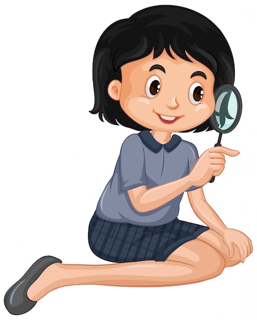 Free vector happy girl with magnifying glass on white