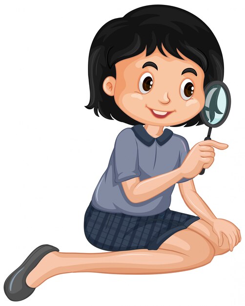 Happy girl with magnifying glass on white