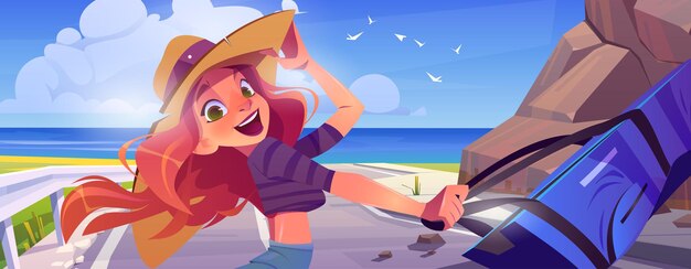 Счастливая девушка с чемоданом на дороге к морскому пляжу
