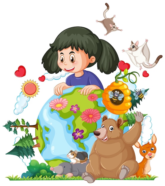 Happy girl with wild animals cartoon