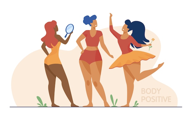 Free vector happy girls admiring their bodies flat illustration