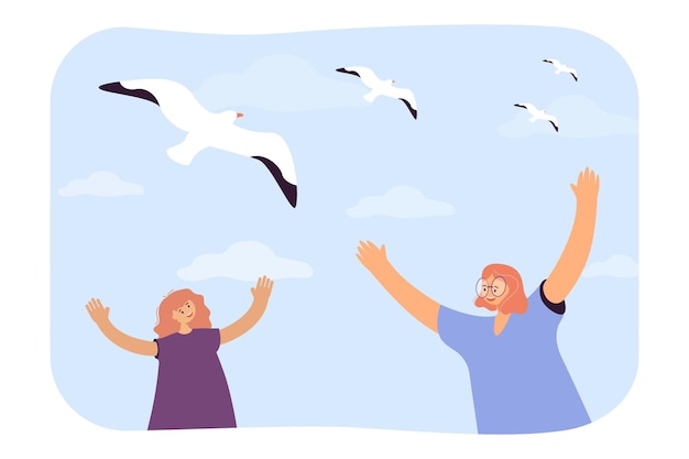 Free vector happy girls looking at seagulls in sky flat vector illustration. smiling friends raising hands, spending summer vacation at sea. travel, trip concept for banner, website design or landing web page