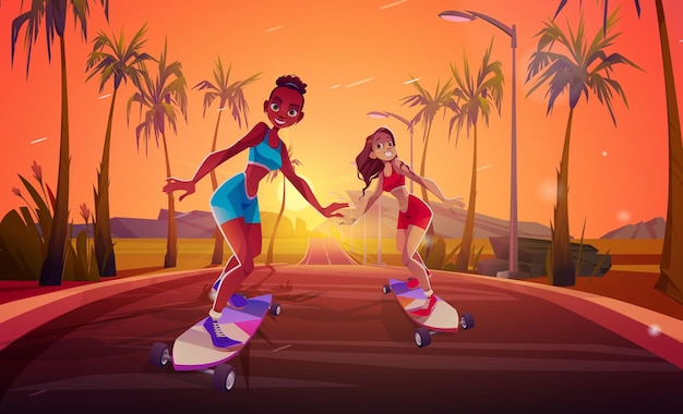 Happy girls riding on skateboard on road sunset