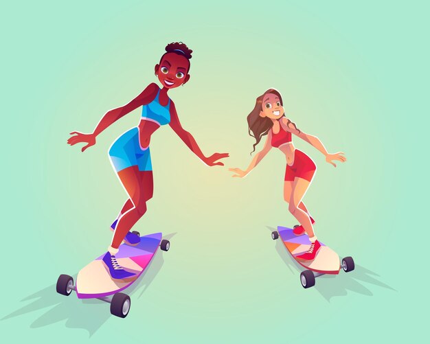 Happy girls riding on skateboard on road with palm