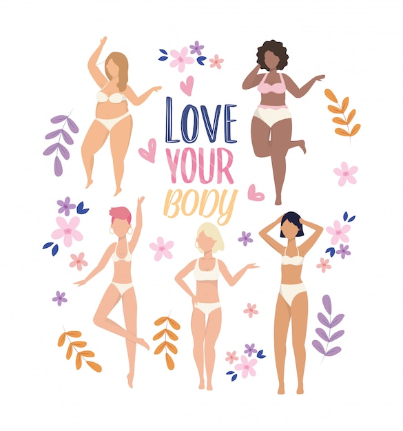 Free vector happy girls wearing underclothes with branches plants and flowers