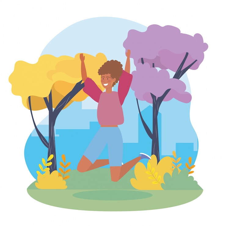 Free Vector happy girls with casual clothes and trees