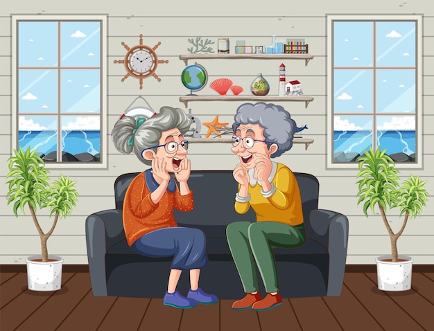 Free vector happy grandmother talking at vacation house