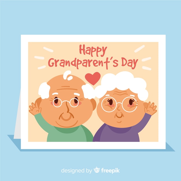 무료 벡터 귀여운 할아버지와 할머니 캐릭터와 함께 행복 조부모의 날 인사말 카드