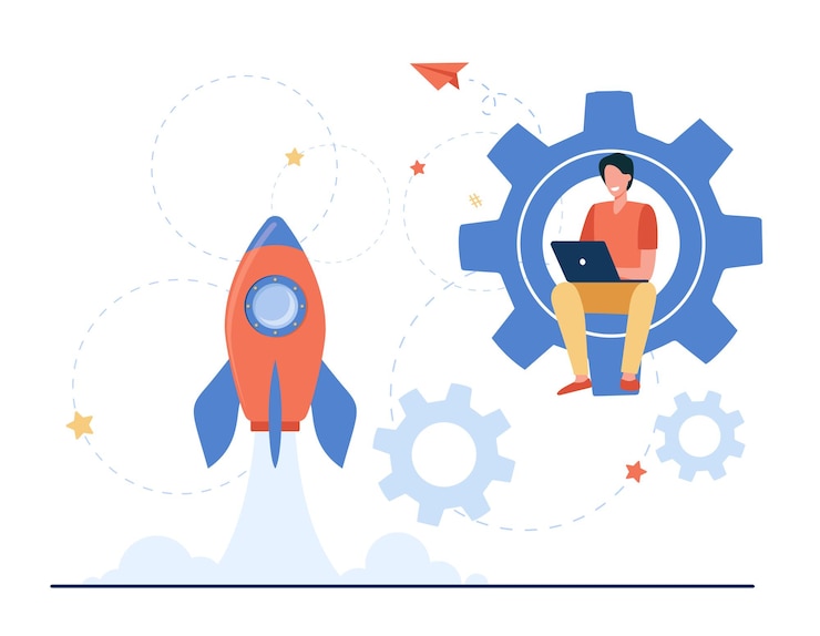 मुफ़्त वेक्टर happy guy developing project for startup