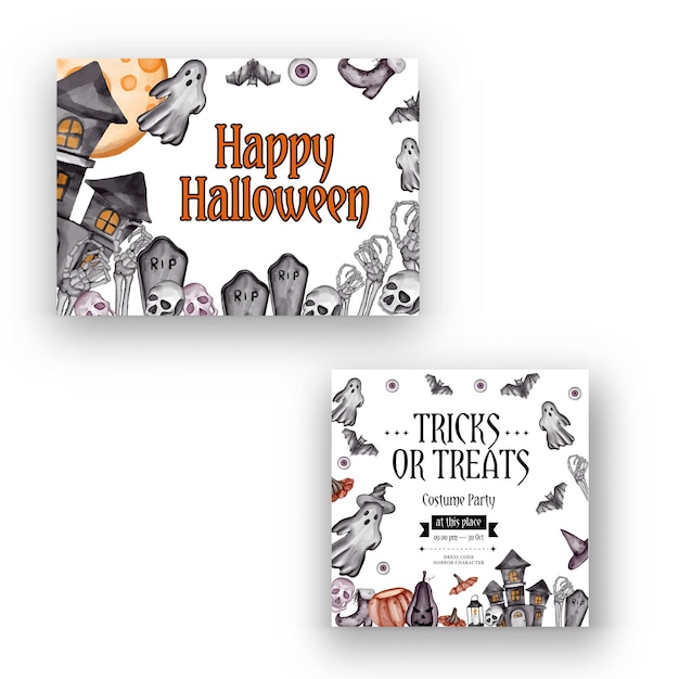 Felice sfondo di halloween e modello di volantino di invito alla festa con simboli horror teschio di ossa di zucca sfondo di halloween