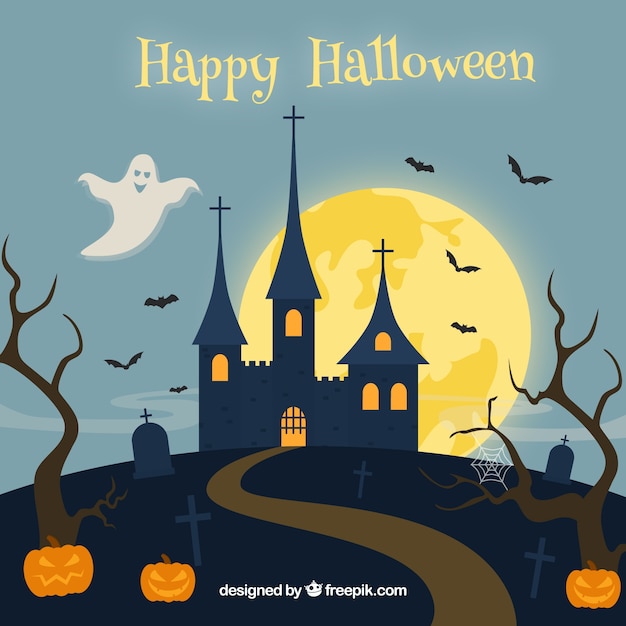 Счастливый фон хэллоуина с замком и тыквами