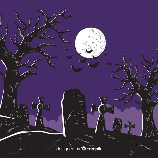 Happy halloween background with cemetery and full moon