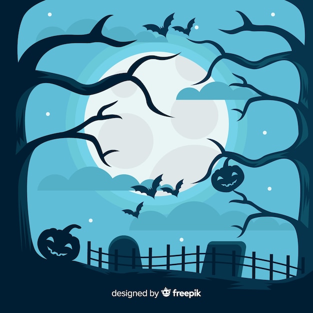 Free vector happy halloween background with evil pumpkins and cemetery