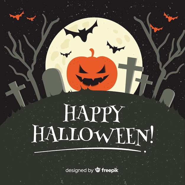 Free vector happy halloween background with evil pumpkins and cemetery