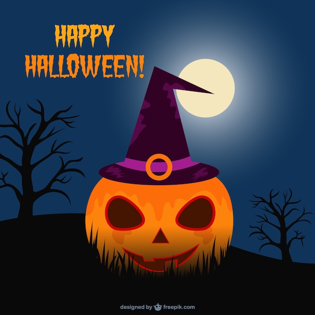 Free vector happy halloween background with a pumpkin with a witch hat