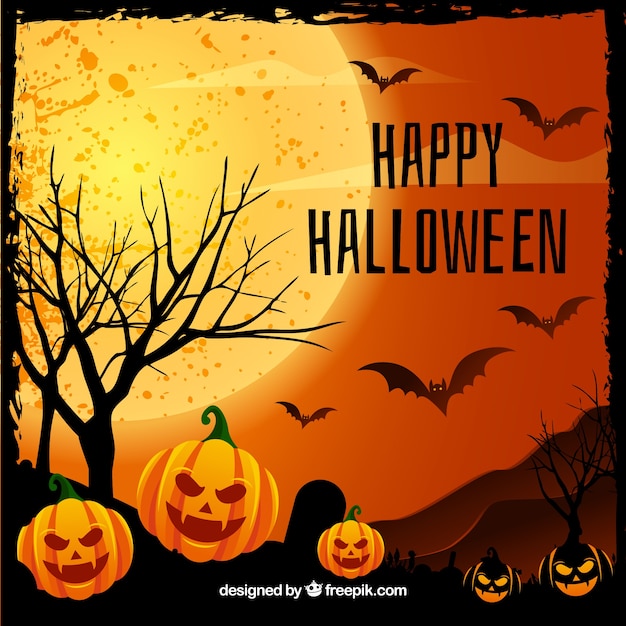 Happy halloween background with pumpkins and bats