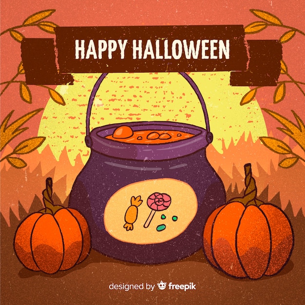 無料ベクター ハッピーハロウィンの背景と魔法使いの小道具