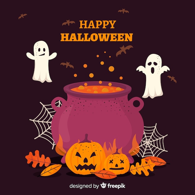 Free vector happy halloween background with witch cauldron