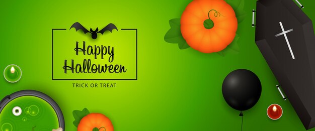 Happy Halloween banner design with pumpkin, coffin, bat, potion