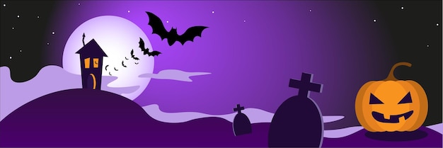 Happy halloween banner or party invitation background with pumpkin dark house and bats