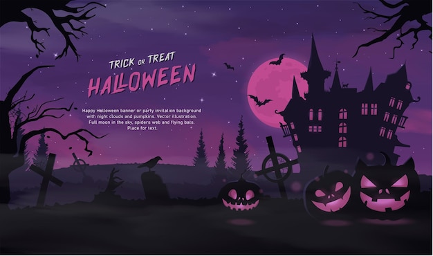 Happy halloween banner or party invitation background with violet fog clouds and pumpkins