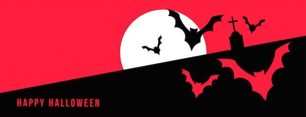 Vettore gratuito banner di halloween felice con la luna piena e pipistrelli volanti