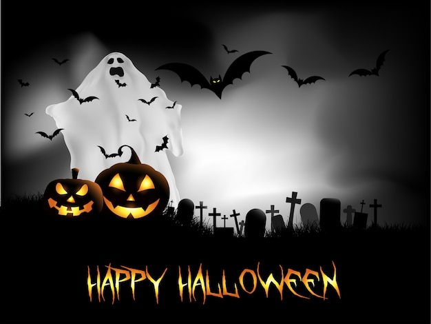 happy Halloween card with ghost and bats in the graveyard