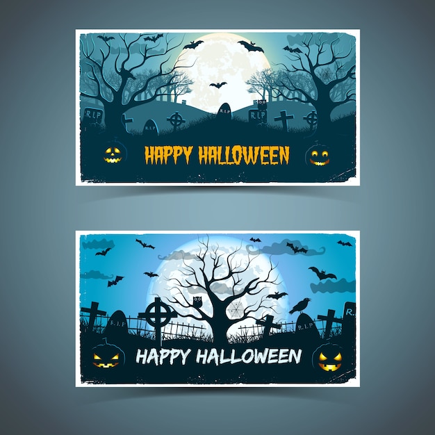 Free vector happy halloween cards with white frame animals old trees cemetery on huge moon