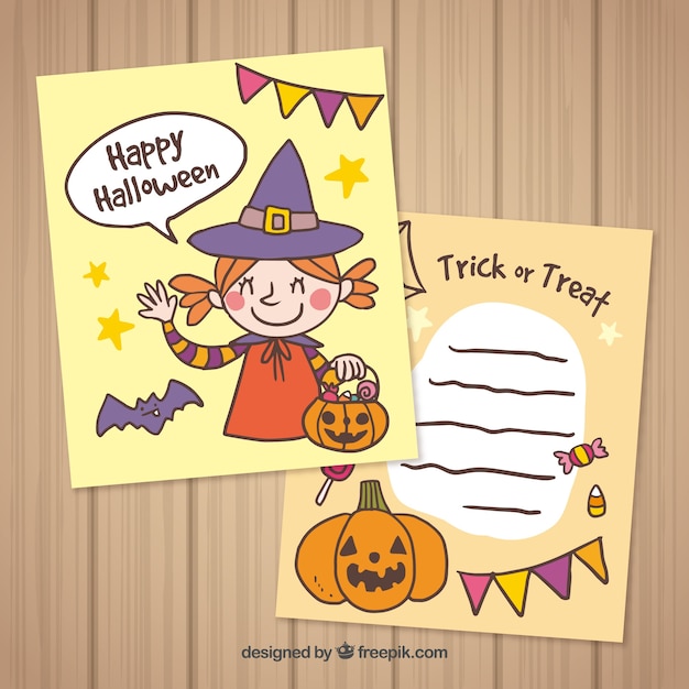 Vettore gratuito buone carte halloween con strega e zucca