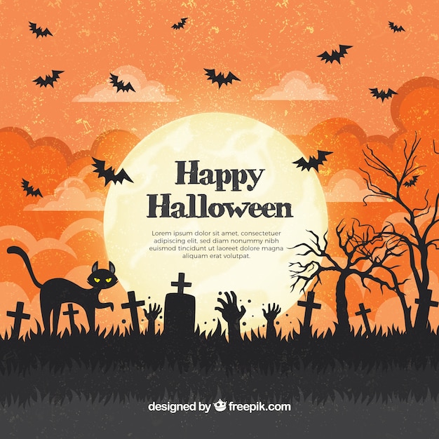 Free vector happy halloween cat background in the cemetery