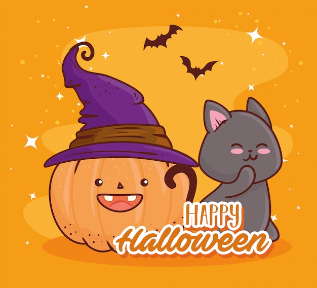Счастливого хэллоуина, милая тыква в шляпе ведьмы с кошкой и летучими мышами, летающими векторные иллюстрации