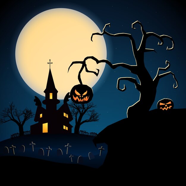Счастливый Хэллоуин темная иллюстрация с страшным замком сухие деревья кладбище злых тыкв