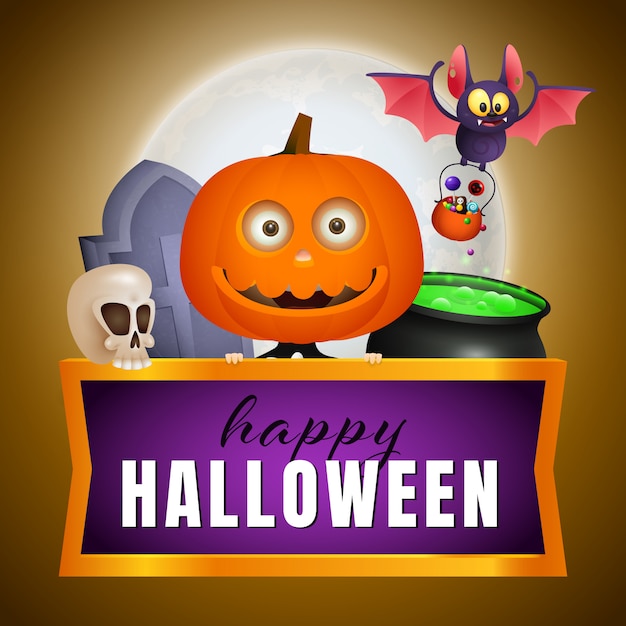 Happy Halloween design with pumpkin head, bat and potion