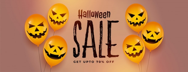 Happy halloween festival sale banner with laughing scary balloons