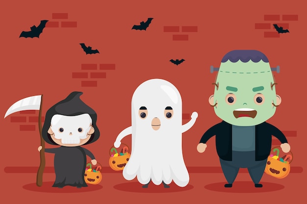 Happy halloween frankenstein and death with ghost characters