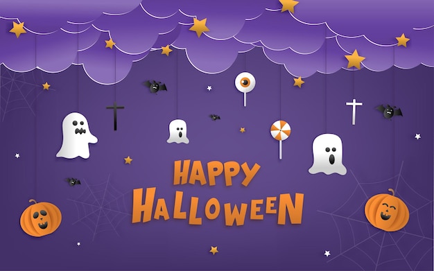 Happy halloween greeting banner or party invitation with night clouds, pumpkins, bats, and cute ghosts, vampires on a violet background. paper cut and papercraft style.vector illustration.