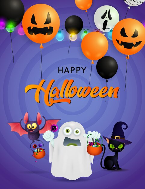 Happy Halloween открытка с призраком, летучая мышь со сладостями и черный кот