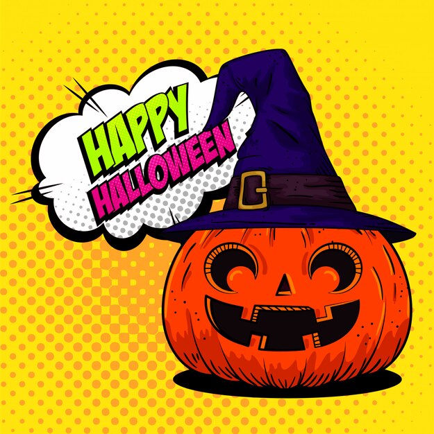 Happy Halloween greeting card with pumpkin with witch hat in pop-art style