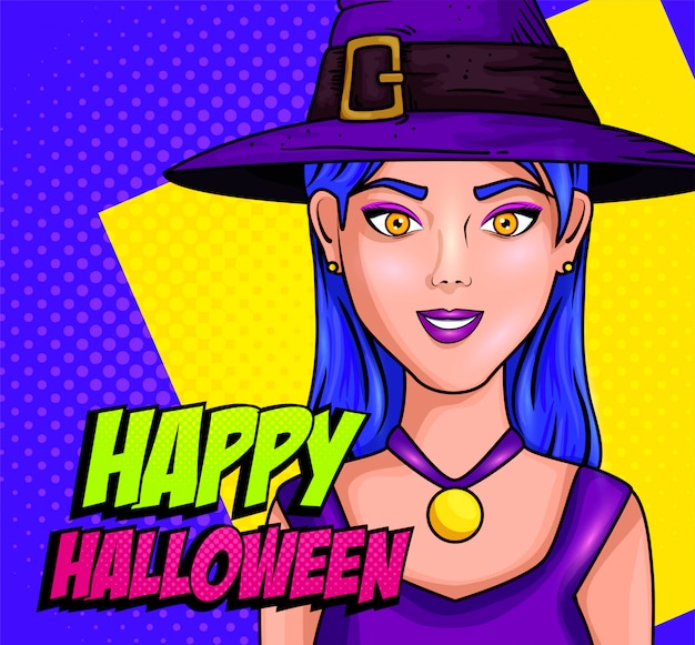 無料ベクター 幸せなハロウィーンのグリーティングカード。ポップアートスタイルで魔女を装った若い女性