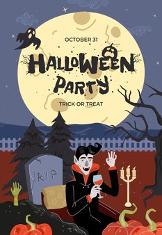 Счастливый хэллоуин праздник дизайн плаката в могиле вампир пьет кровь лунное кладбище