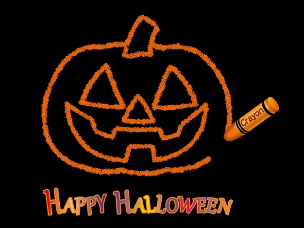 Free vector happy halloween jack-o-lantern crayon drawing isolated on a black background, vector illustration.