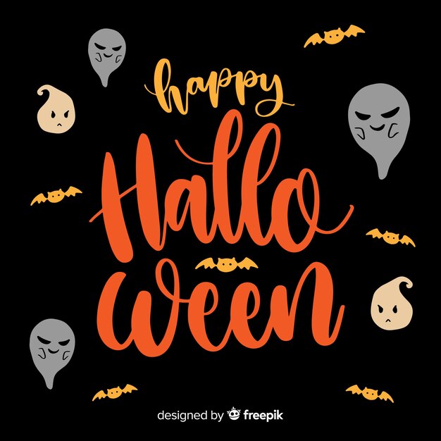 Happy halloween lettering background with ghosts