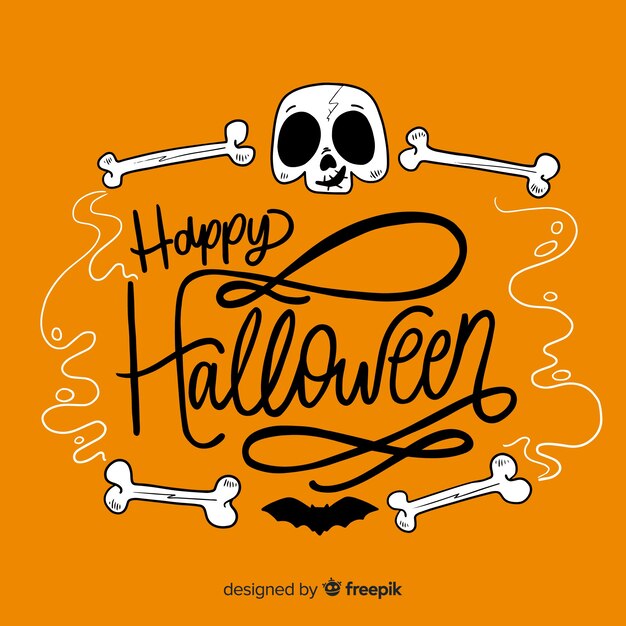 Vettore gratuito felice halloween lettering sfondo con teschio e ossa