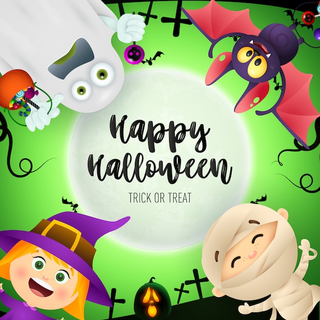 Happy halloween scritte, pipistrelli, fantasmi, bambini in costumi di mostri