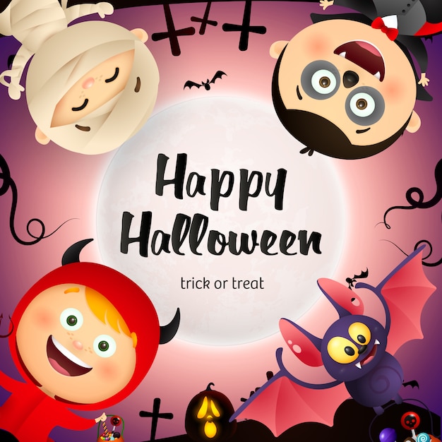 Happy Halloween надписи, летучая мышь, дети в костюмах монстров