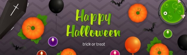 Happy Halloween надписи, котел с зельем и тыквы