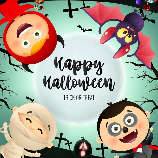 Happy Halloween lettering, kids in monsters costumes, bat
