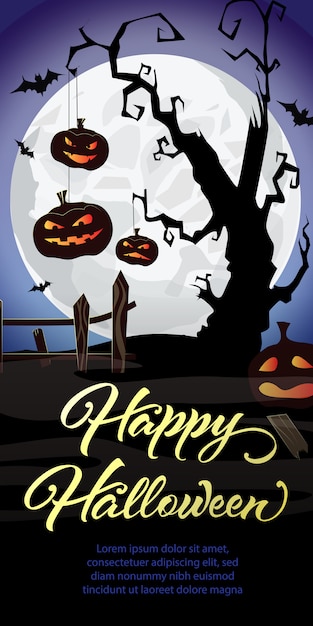 Happy lettering di halloween. zucche su albero di cimitero e pipistrelli