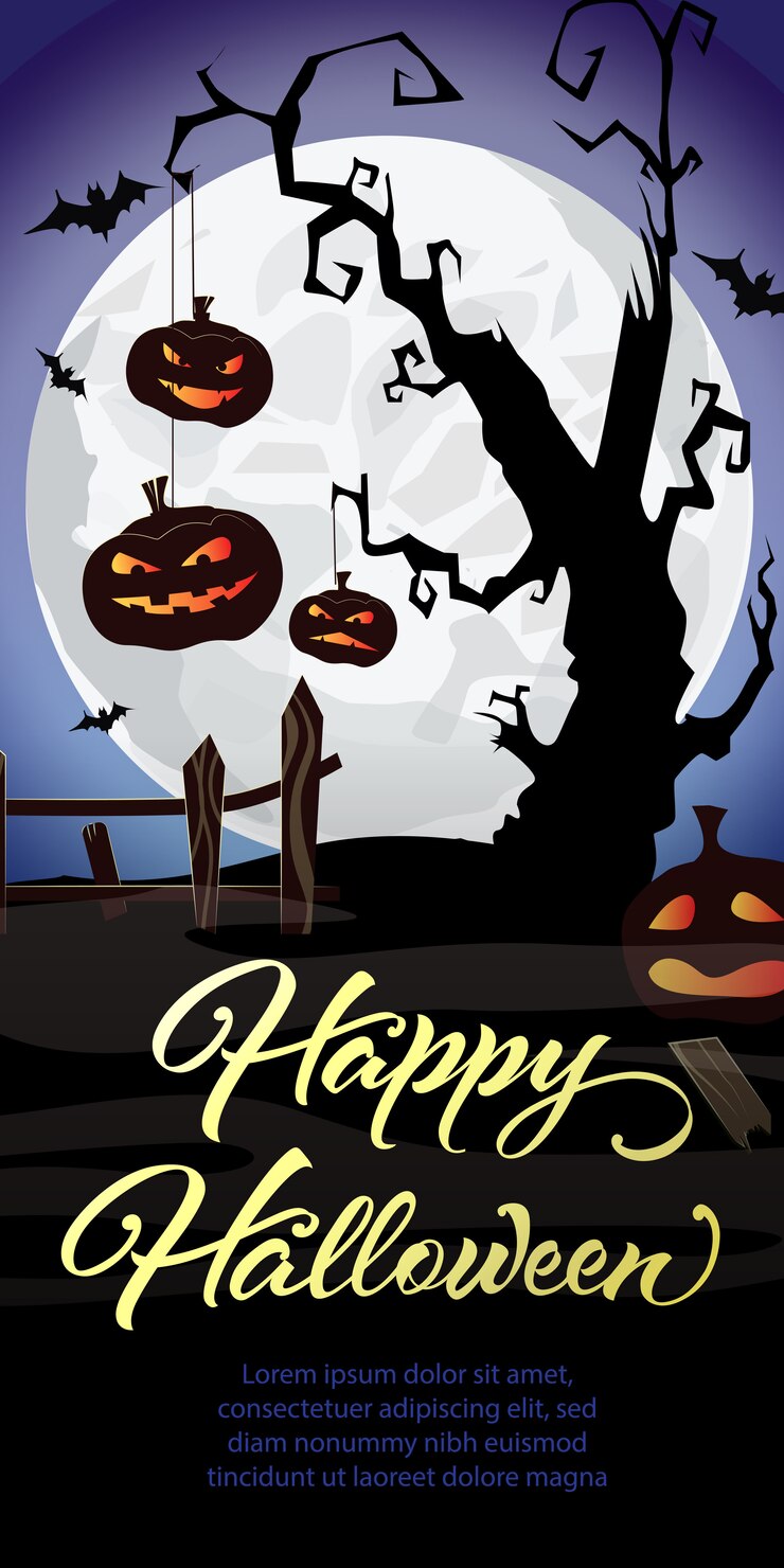 Free Vector happy halloween lettering. pumpkins on graveyard tree and bats