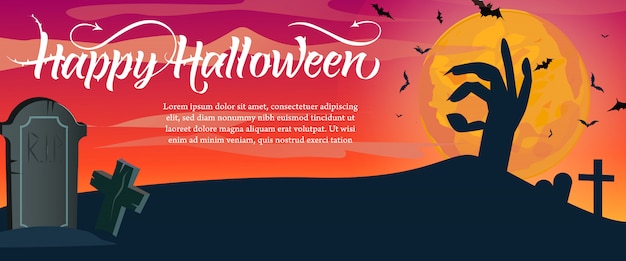 Happy Halloween lettering, sample text and cemetery